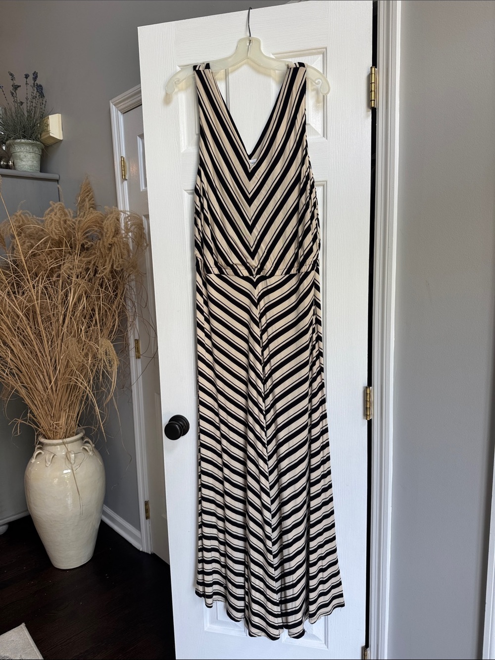 Calvin Klein Black and Cream Striped V-Neck Maxi Dress